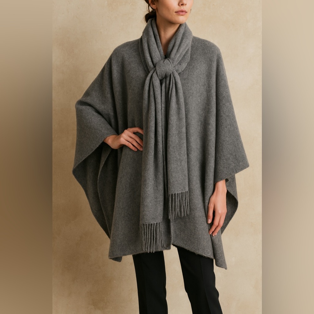 Camargo Alpaca Wool Poncho Cape Gray Fringe Boho Cozy Winter Handmade Peru